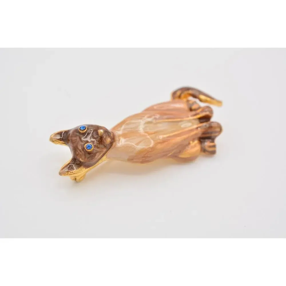 Vintage Siamese Cat Pin Brooch Brown Enamel Blue Eyes Gold Tone 1980s BinAT